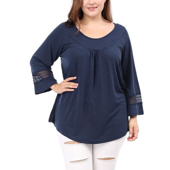 Women's Plus Size Crochet Panel Kimono Raglan Sleeves Tops Blue - Picture 4 of 6